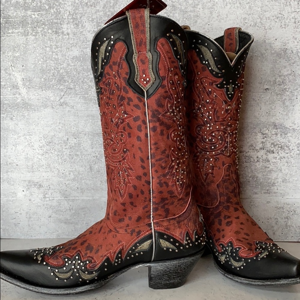 Johnny Ringo Dk Red Leop Studded Cowboy Boot Sz 8M